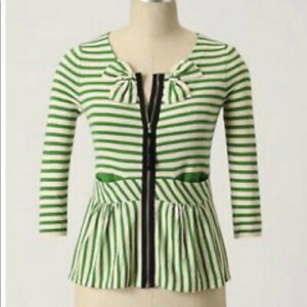 Moth Anthropologie Green Striped Zip Cardigan bow